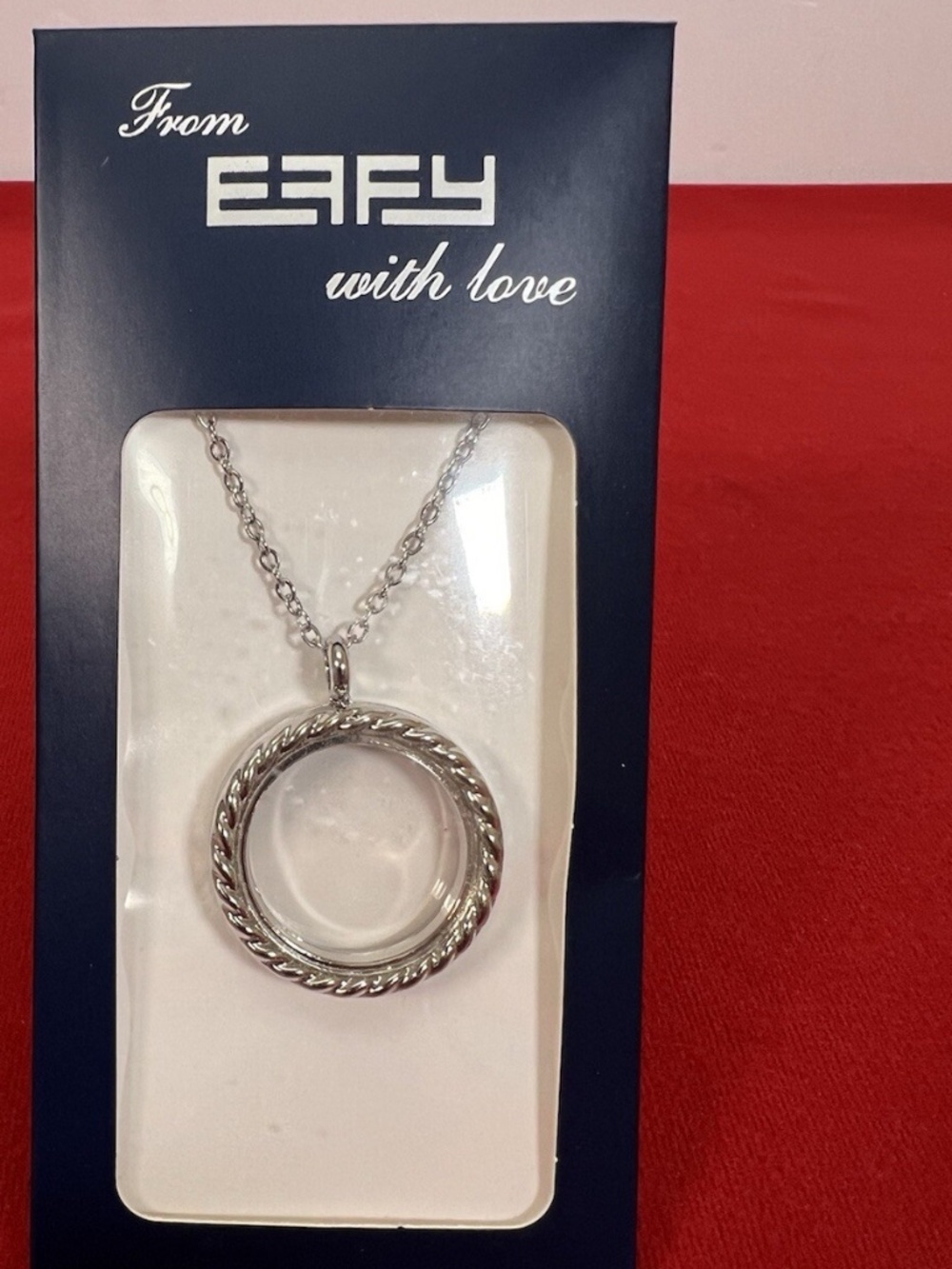 EFFY Necklace 24" Chain Double Sided Glass Charm Locket Pendant Silver Tone NEW